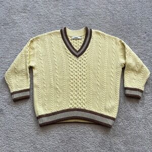 B+ab Cable Knit V-Neck Sweater Womens XS Yellow Brown Striped Trim Pullover